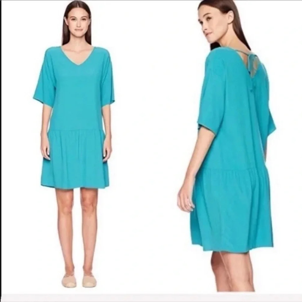 New Eileen Fisher V-Neck Short Dress Turquoise NWT Petite Women’s Small